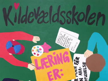 Tegning der illustrerer Kildevældsskolens værdier RESPEKT, FÆLLESSKAB, TILLID, TRYGHED, LÆRING